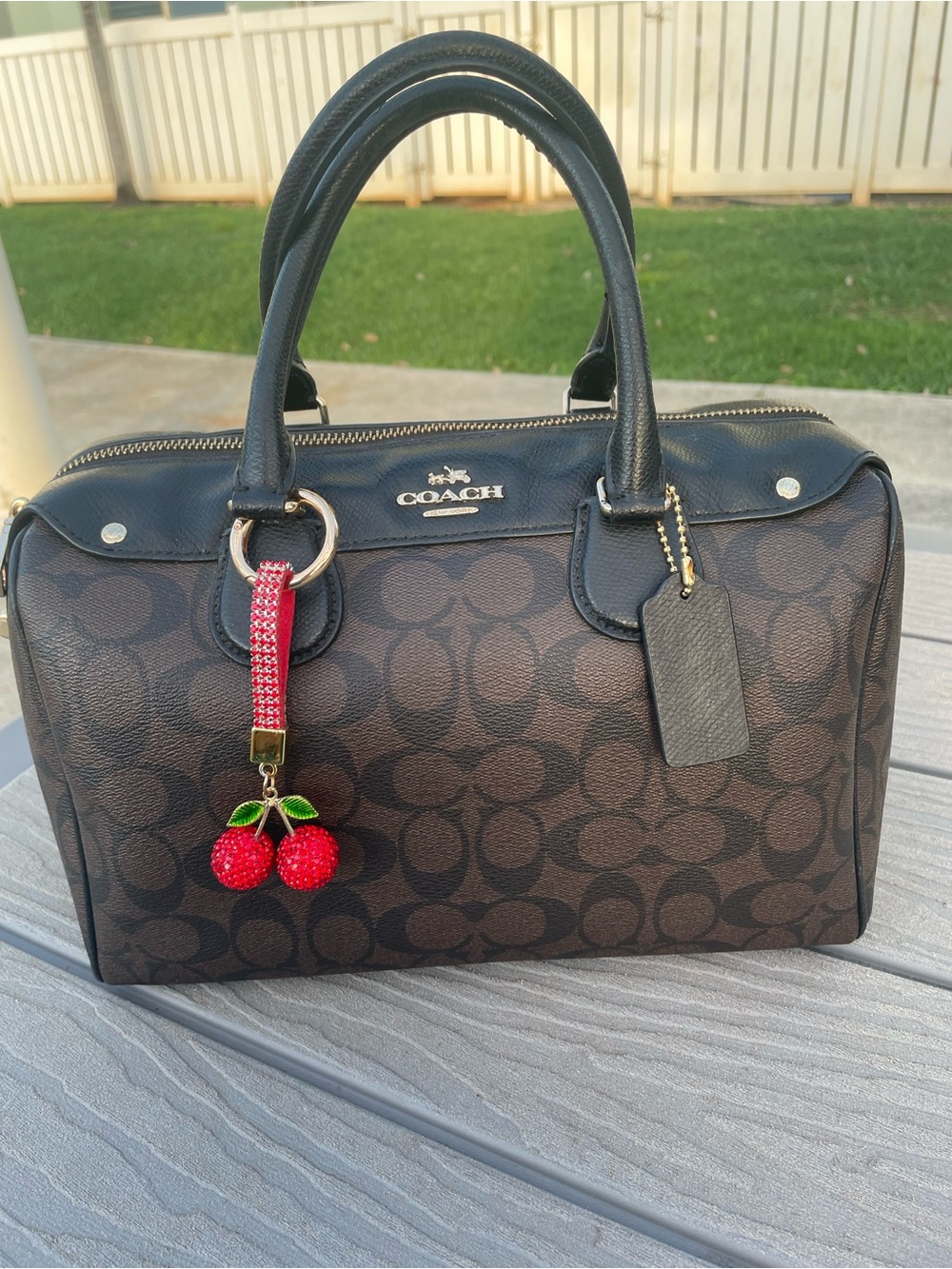 COACH Medium Brown Signature Canvas Satchel with Black Trim